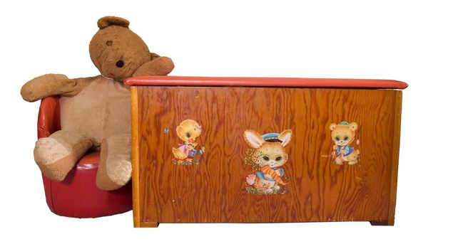 Well loved antique fuzzy teddy bear and toy chest
