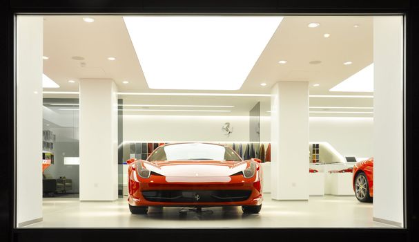 London, UK - November 07, 2011: A Ferrari 458 Italia on display in H. R. Owen showroom