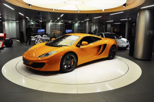 London, UK - November 07, 2011: A McLaren MP4-12C on display at the McLaren showroom on Knightsbridge