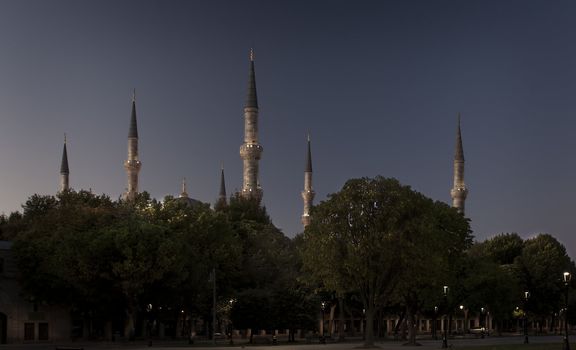 The Blue Mosque or Sultan Ahmed Mosque in Istanbul, Turkey in black and white 