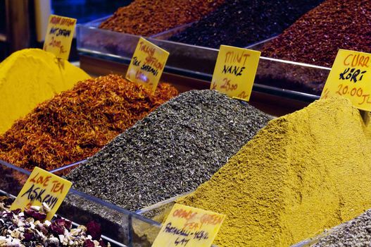 A selection fo beautiful natural spices from the spice bazaar in Istanbul Turkey.