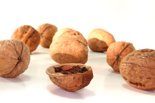 Walnut shell and walnuts on a white background