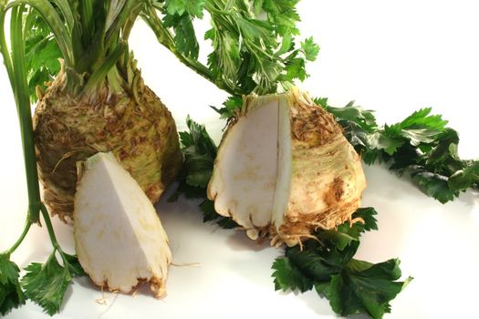 capped celery with green leaves on white background