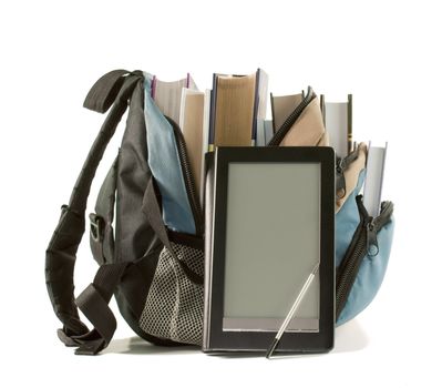 Electronic book with books in backpack on the white background
