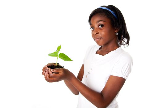 A young new plant growing from palm in hands of beautiful African girl, isolated. Drought on Earth concept.