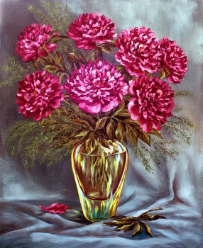 Picture oil paints on a canvas: a bouquet of peonies in a glass vase