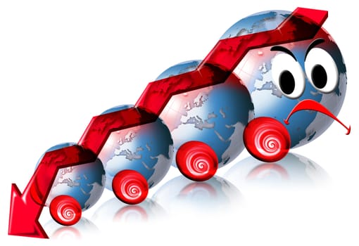 Locomotive with a negative diagram of the global market, with 4 globes, red arrow and sad face