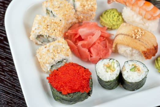 view of closeup japanese sushi set at plate
