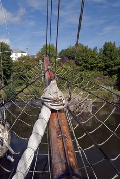 The Bows,bowsprit and rigging of a Tall Ship in harbour in Cornwall England