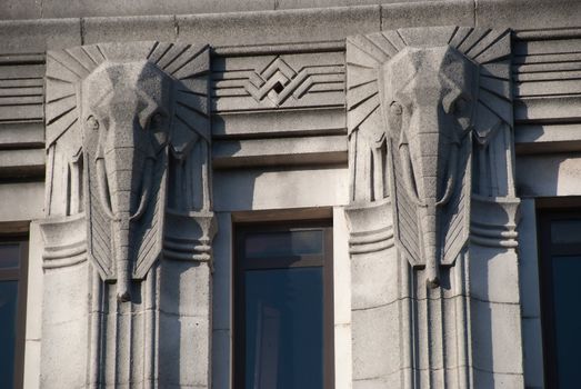 Elephant Head Carvings on an Art Deco Building in Halifax Yorkshire