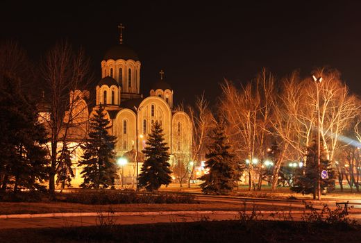 Night Cathedral lit lanterns, Makeevka, Ukraine
