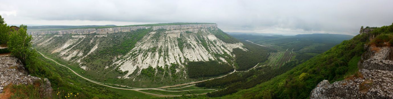 Panoramic view from the Mountains Chufut-kale, Bakhchisaray, Crimea, Ukraine
