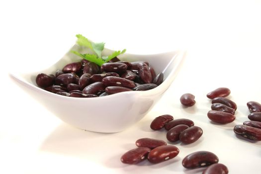 dried red kidney beans with coriander on a white background