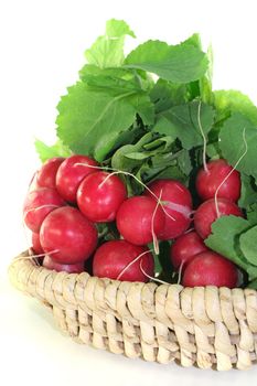 fresh radishes with green leaves in a basket of bast