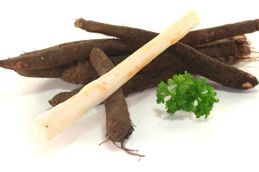 fresh Salsify with parsley on a white background