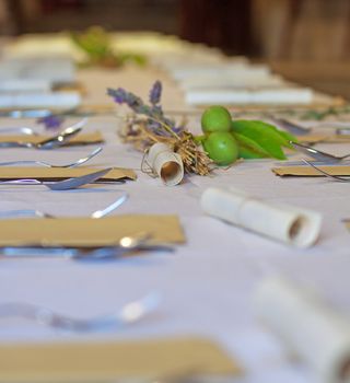 A table set with parchments and fruit, shallow depth of field