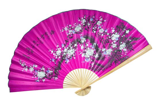 violet Chinese fan on the white background. (isolated)
