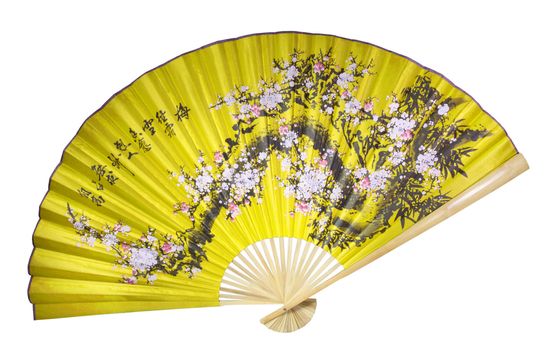 Yellow Chinese fan on the white background. (isolated)
