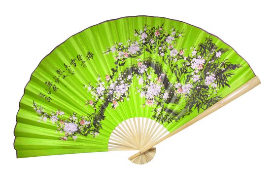 green Chinese fan on the white background. (isolated)
