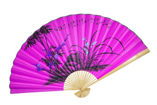 violet Chinese fan on the white background. (isolated)
