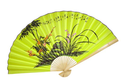 Yellow Chinese fan on the white background. (isolated)
