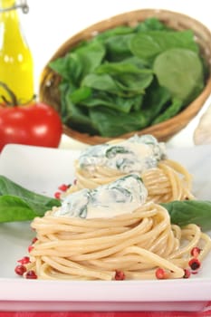 Noodle nests with cheese-spinach sauce and fresh basil