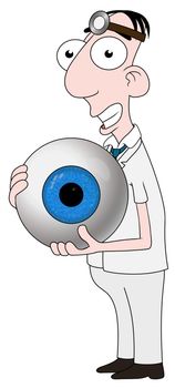 Isolated cartoon Optician character holding an eyeball