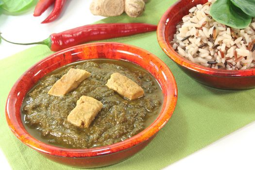 Indian Palak Paneer with mixed rice, ginger and Asian spices on white background