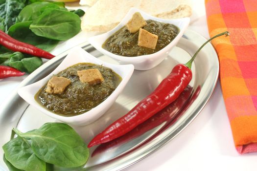 Indian Palak Paneer with mixed rice, ginger and Asian spices on white background