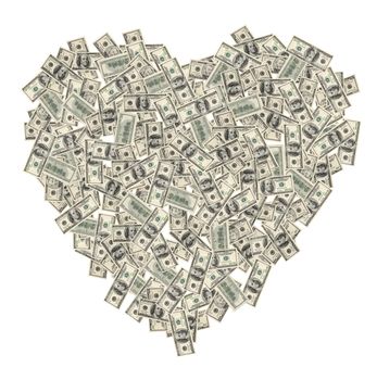 Heart of the money on the white background, to the day of Sainted Valentine
