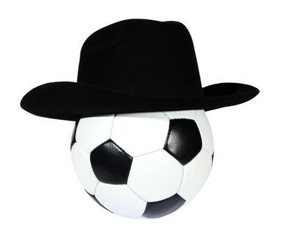 black and white Soccer ball in a black hat on the white background
