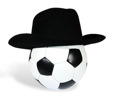 black and white Soccer ball in a black hat on the white background
