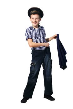 Little boy seaman with a rag on the white background, peakless cap, striped vest
