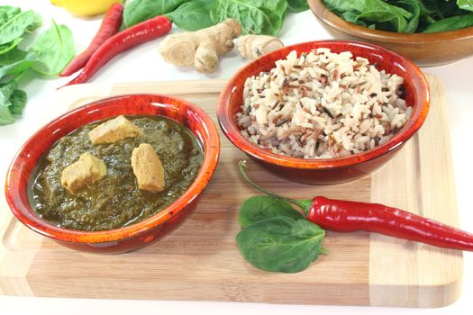 Indian Palak Paneer with mixed rice, ginger and Asian spices on white background