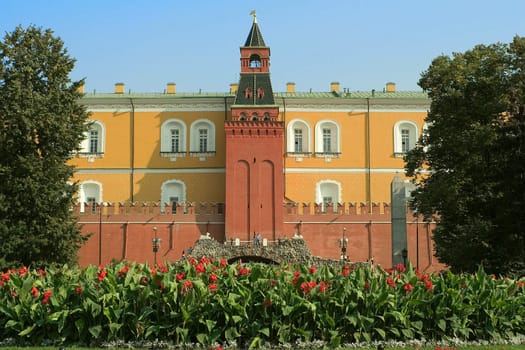 View of one of the Kremlin towers from Manezhnaya Square