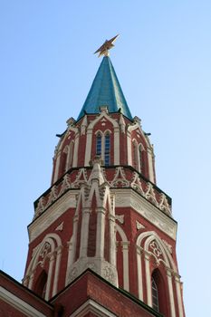 View of the Nikolskaya tower od the Moscow Kremlin from the ground level up
