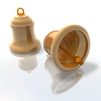 a 3d rendering of golden bells with ground reflection