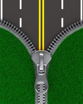 Zipper with grass and road. Isolated 3D image