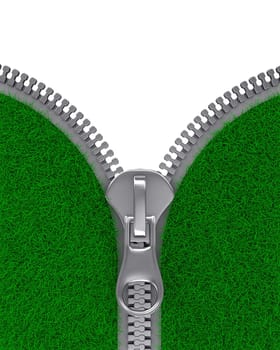 Zipper with grass on white background. Isolated 3D image