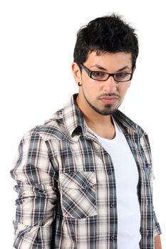 Portrait of a young man wearing glasses on the white background

