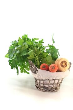 Greens with carrots, leek, parsley and parsley root in the basket