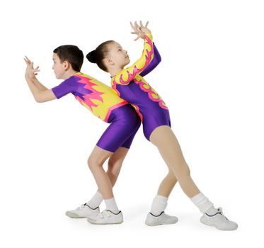 Speech by the young athlete aerobics on the white background
