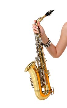 Saxophone in the women's hand on the white background
