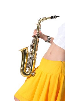 Girl with a sax musical instrument on tne white background
