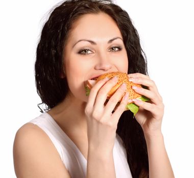 young woman with hamburger