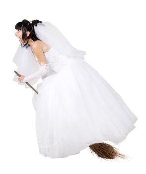 bride in white wedding dress on a broom, on the white
