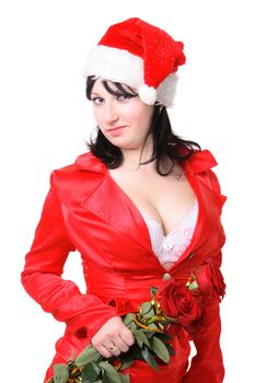 Portrait of a beautiful young woman in a red suit and hat of Santa Claus with red roses on the white background
