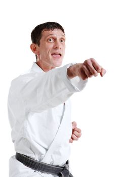 Karate. Man in a kimono with a white background
