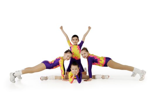 Performance by the young athlete aerobics on the white background
