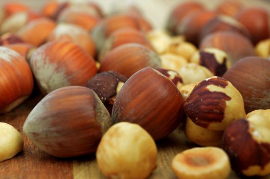 Close-up of hazelnuts on wood